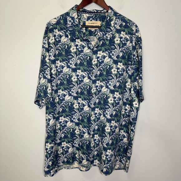 Tommy Bahama 100% Silk Short Sleeve Hibiscus Alfresco Shirt In Dark Seas XXL NWT